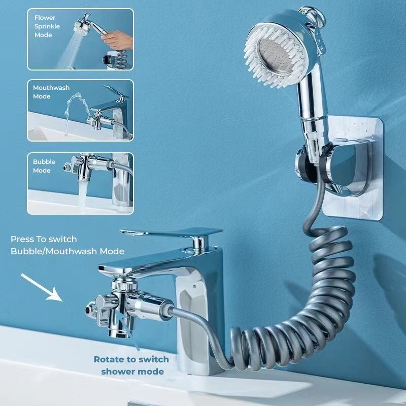 Showcasing a Rotatable Washbasin Faucet Shower which is installed on a wash basin faucet by highlighting its features 