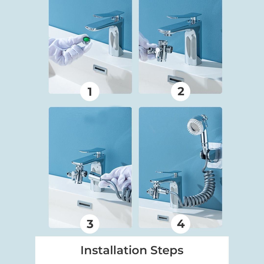 Image displaying the installation steps of Rotatable Washbasin Faucet Shower