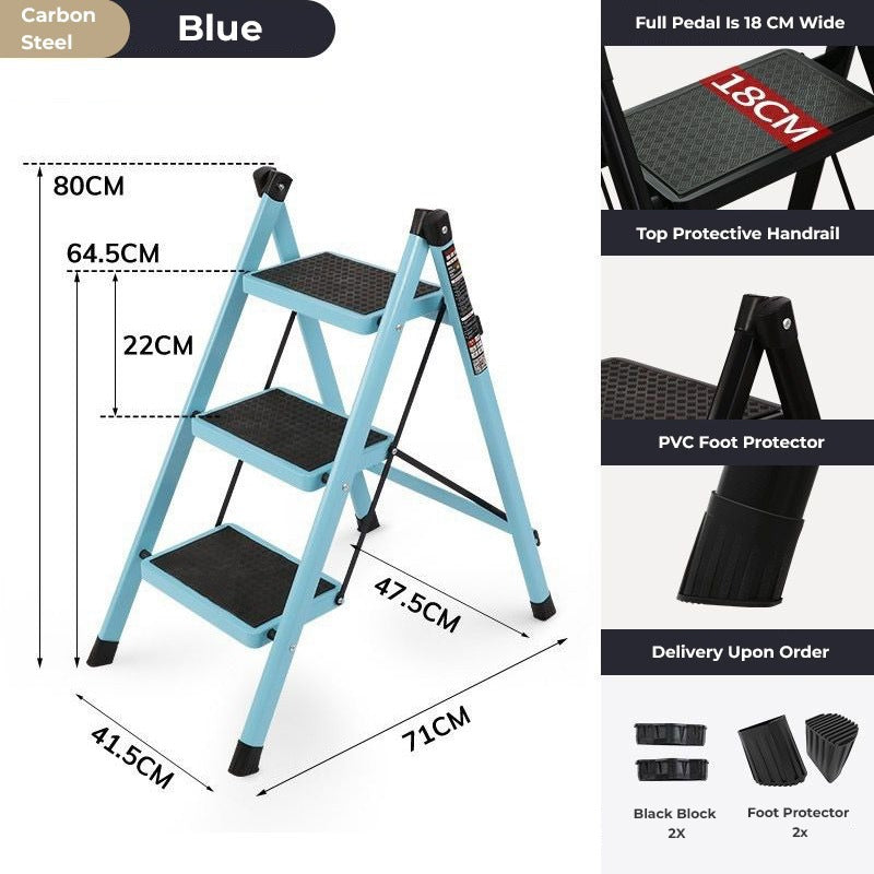 3-Step Stool Ladder with Wide Pedals, Folding Storage Shelf, Load 150 Kg