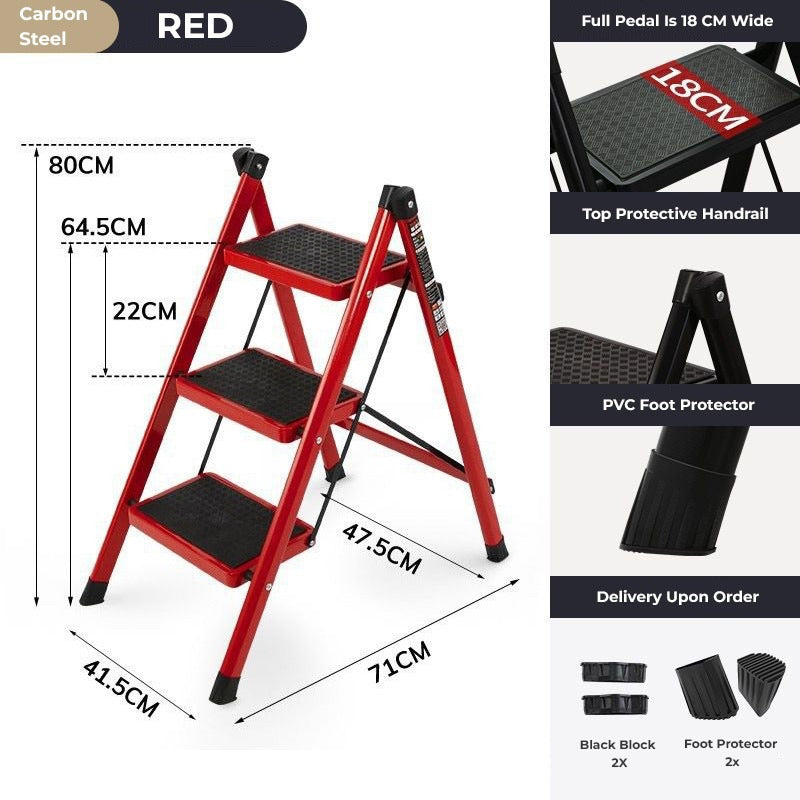 3-Step Stool Ladder with Wide Pedals, Folding Storage Shelf, Load 150 Kg