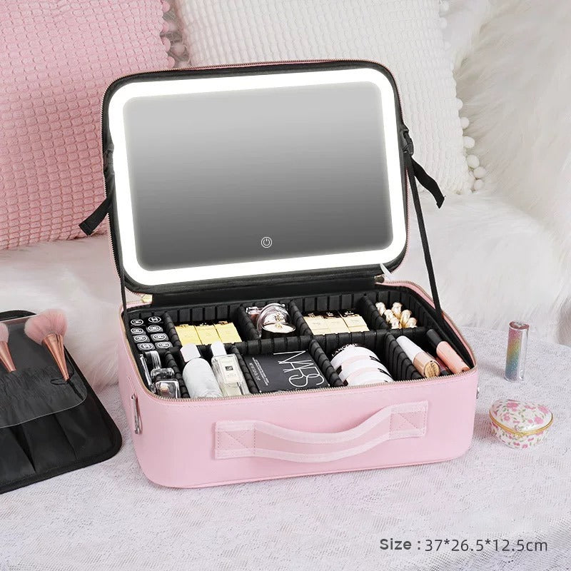 Portable Travel Makeup Cosmetic Organizer Bag with LED Mirror