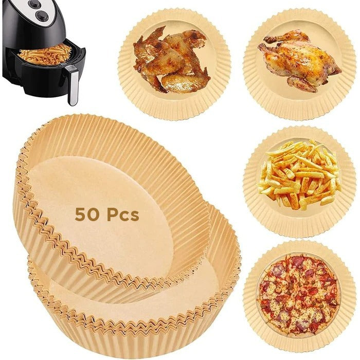 A group of disposable air fryer paper liners with food in them