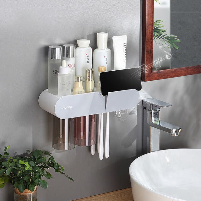 ECOCO Wall Mount Magnetic Adsorption Toothpaste Squeezer Toothbrush Holder with Cup