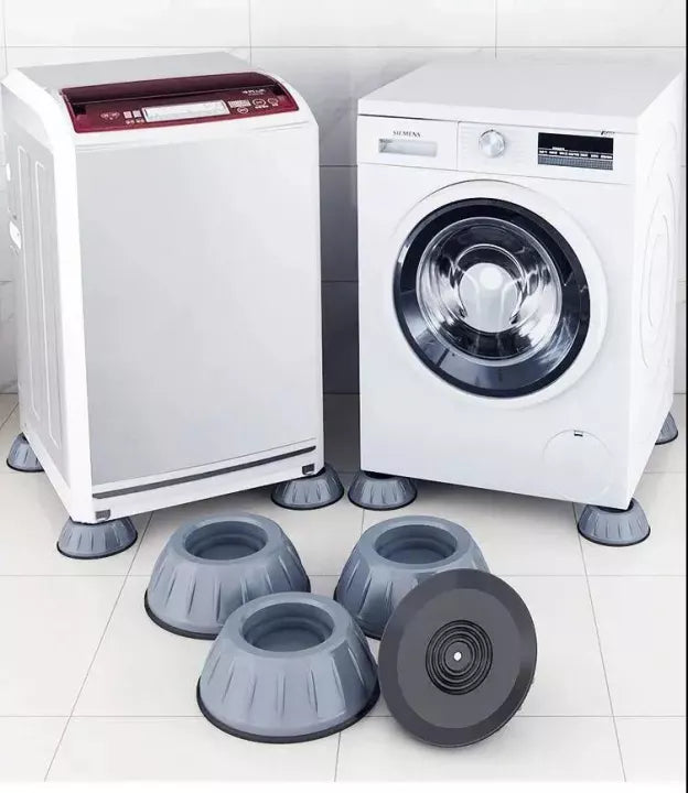 Washing Machine Foot Pads installed on two different models of washing machine and four placed separately on floor 