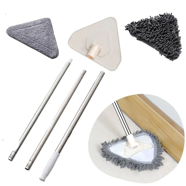 Triangular Deep Cleaning Mop 360° Rotating, Long Extension Pole, 2 Pads &amp; Wiper Blade