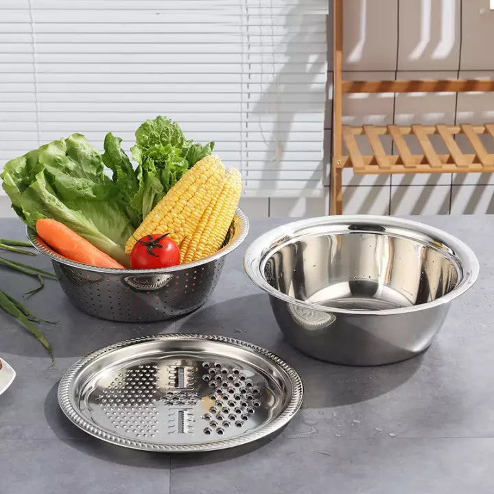 3in1 Kitchen Multifunctional Stainless Steel Basin Drain Basket Vegetable Cutter Grater Slicer Peeler Salad Maker Bowl