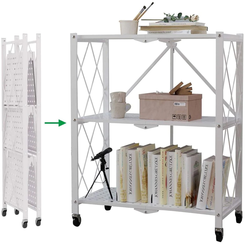 Multi-tier foldable storage rack with movable wheels with something on it