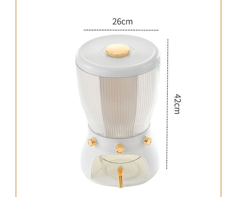 Someone taking the top off the 4-Grid 10L Kitchen Dry Food Cereal Rice Dispenser Storage with its size