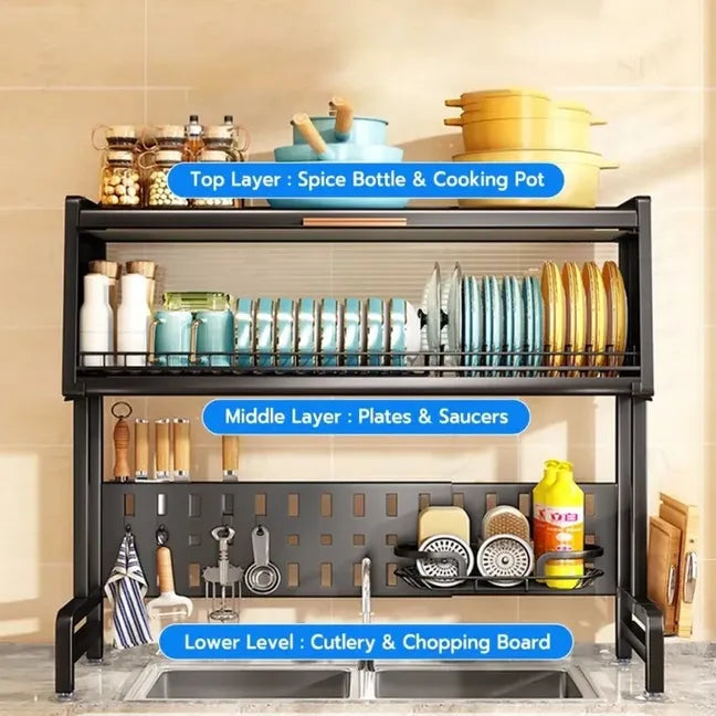 2 Tier Kitchen Dish Drying Over Sink Storage Rack with Door