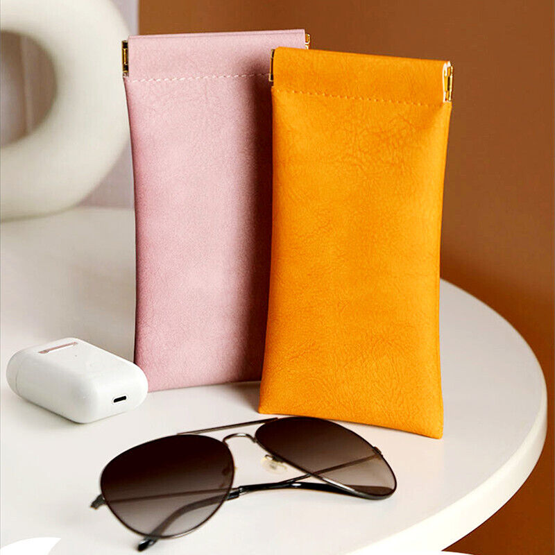PU Leather Retro Mouth Automatic Closure Pouch, Eyewear Glasses Bag