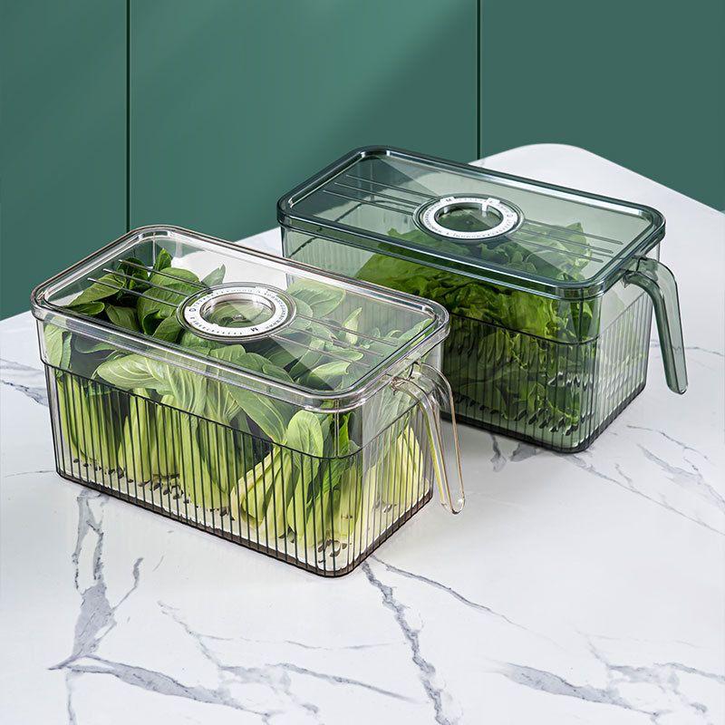 Transparent Fridge Organizer Storage Box with Drain Tray & Freshness Timer